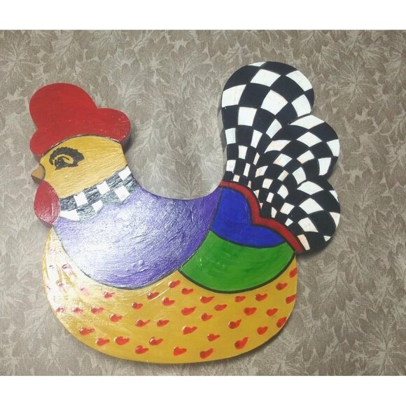 whimsical Rooster Figurine wood wall-hanging Multicolor & black white checkered - Picture 3 of 15
